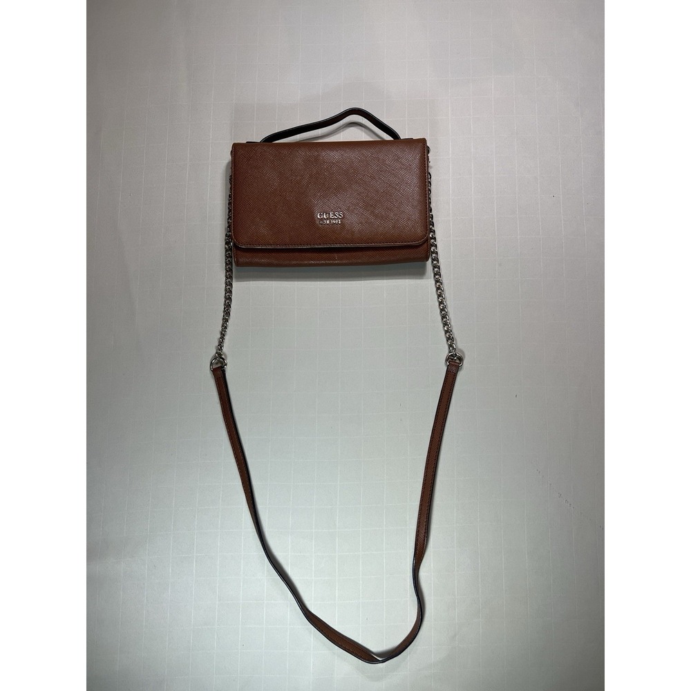Guess Tan Leather Crossbody Wallet Purse With Gold Chain
